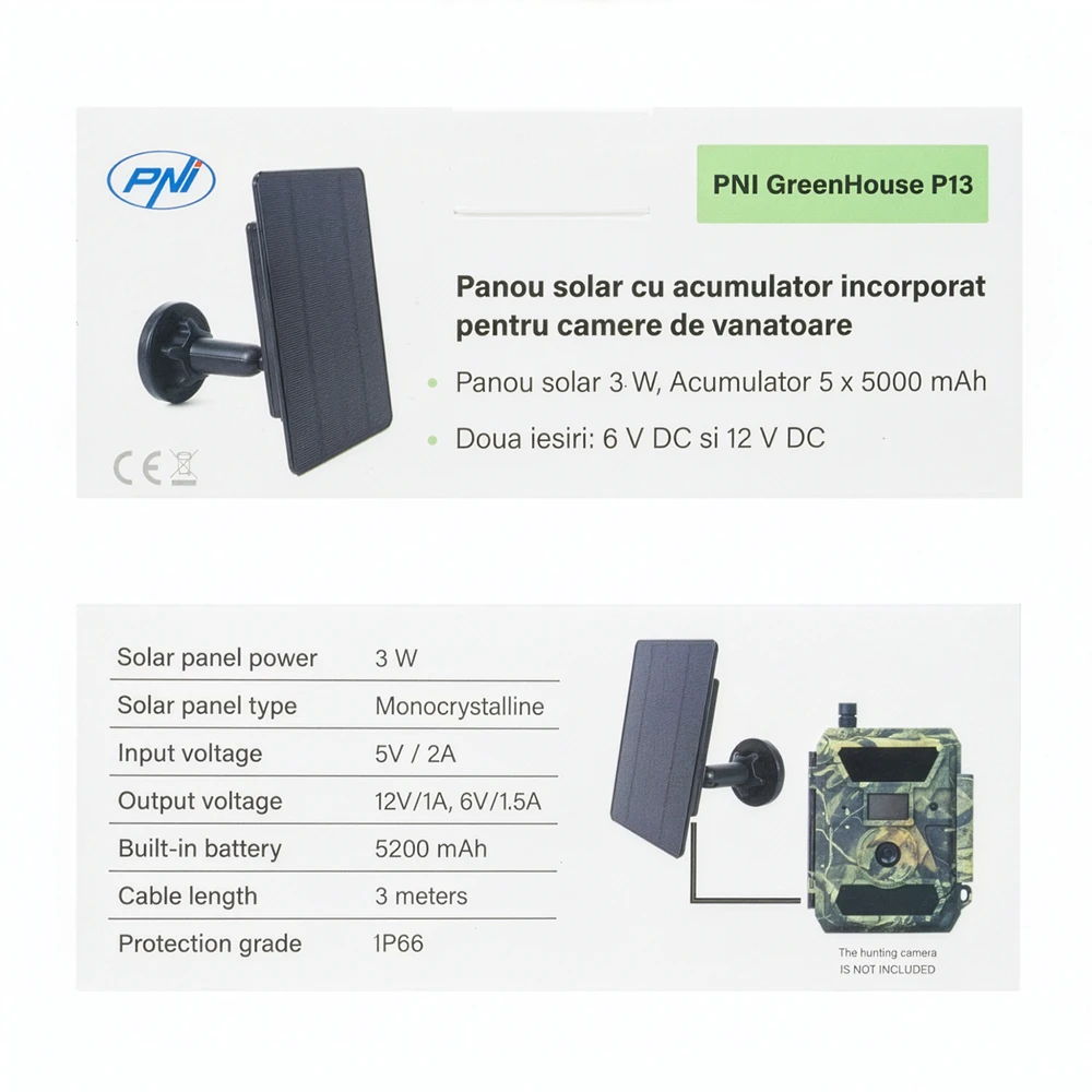 Saulės įkroviklis PNI GreenHouse P13, 6V ir 12V išvestis, 3W, Li-Ion 5200 mAh baterija, IP66 apsaugos klasė medžioklės kameroms