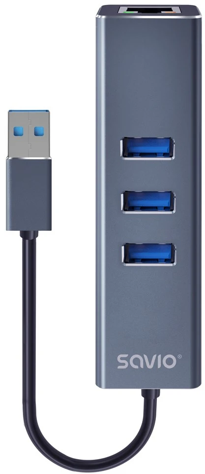 USB Hub - Savio AK-57 3x USB-A Huba su RJ-45 Gigabit Ethernet 5000 Mbit/s Pilkas