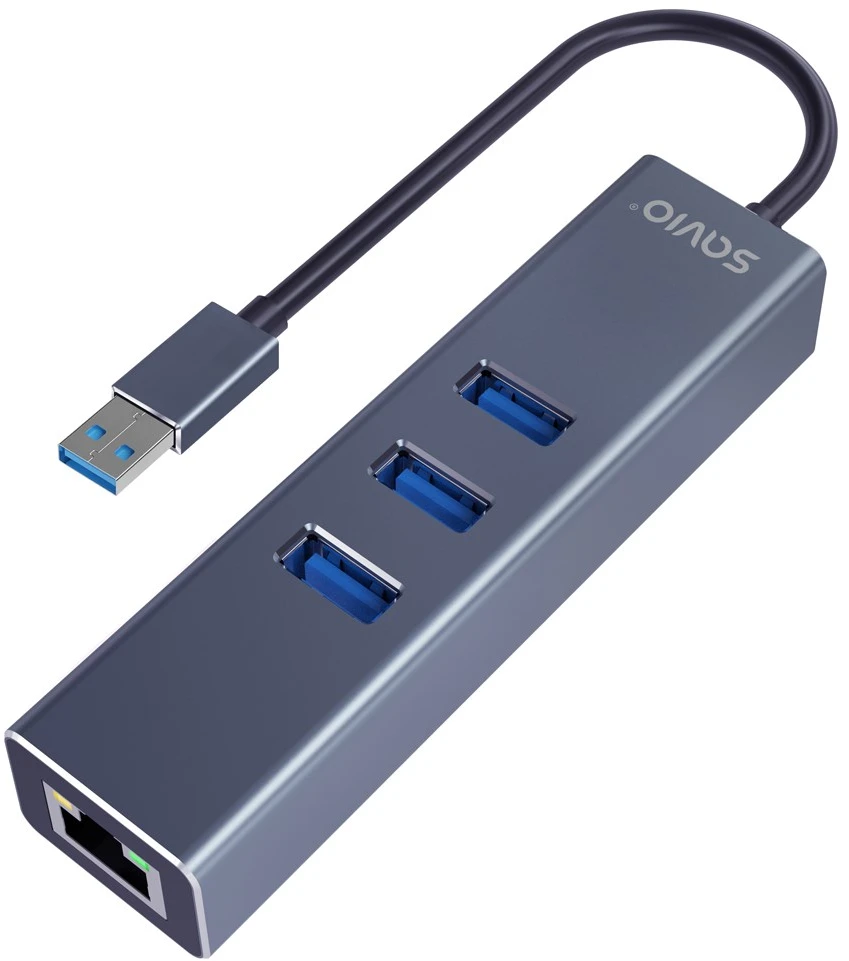 USB Hub - Savio AK-57 3x USB-A Huba su RJ-45 Gigabit Ethernet 5000 Mbit/s Pilkas