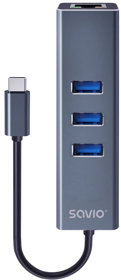Savio AK-57 USB-C - 3 x USB-A HUB su RJ-45 Gigabit Ethernet adapteriu, 5000 Mbit/s, pilkas