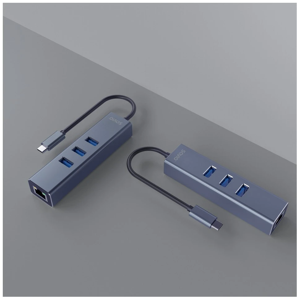 Savio AK-57 USB-C - 3 x USB-A HUB su RJ-45 Gigabit Ethernet adapteriu, 5000 Mbit/s, pilkas