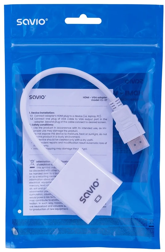 Savio CL-27B vaizdo kabelio adapteris 0,1 m HDMI Type A (Standartinis) VGA (D-Sub) Baltas
