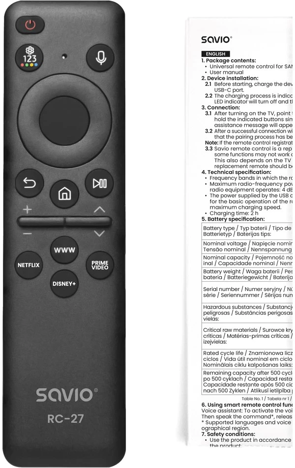 SAVIO RC-27 Universalus/pakaitinis nuotolinio valdymo pultas SAMSUNG televizoriui – SMART TV