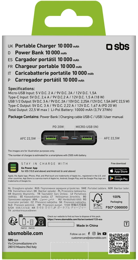 Išorinė baterija SBS TTBB10000FASTPD20K 10000 mAh 20W su maitinimo šaltiniu – juodas