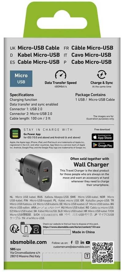SBS LTHL200 USB-A – Micro-USB kabelis 1m – juodos spalvos