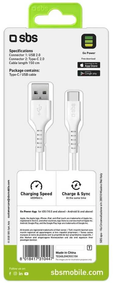 SBS TECABLEMICROC15W USB-A – USB-C kabelis 1.5m – baltos spalvos