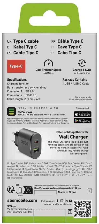 SBS TECABLETC220K USB-A - USB-C kabelis 2 m - juodos spalvos