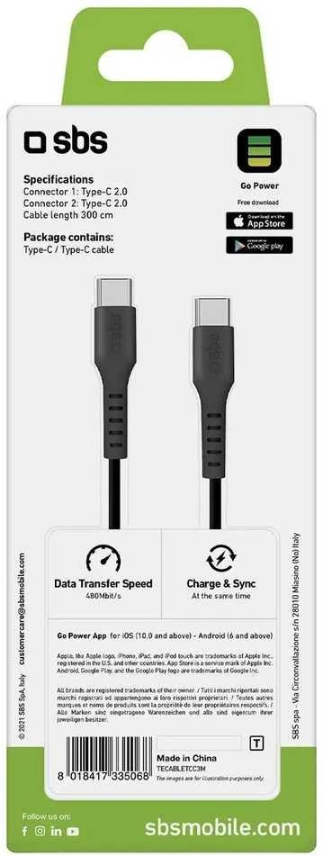 SBS TECABLETCC3M USB-C – USB-C 3m kabelis – juodos spalvos