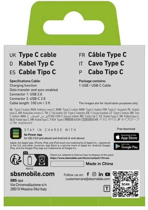SBS TECABLETYC1KPOS USB-A – USB-C kabelis 1m – juodos spalvos