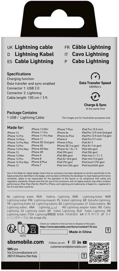 SBS TECABLEUSBIP589A USB-A – Lightning kabelis – mėlynos spalvos