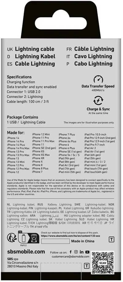 SBS TECABLEUSBIP589K USB-A – Lightning kabelis 1m MFi Certified – juodos spalvos