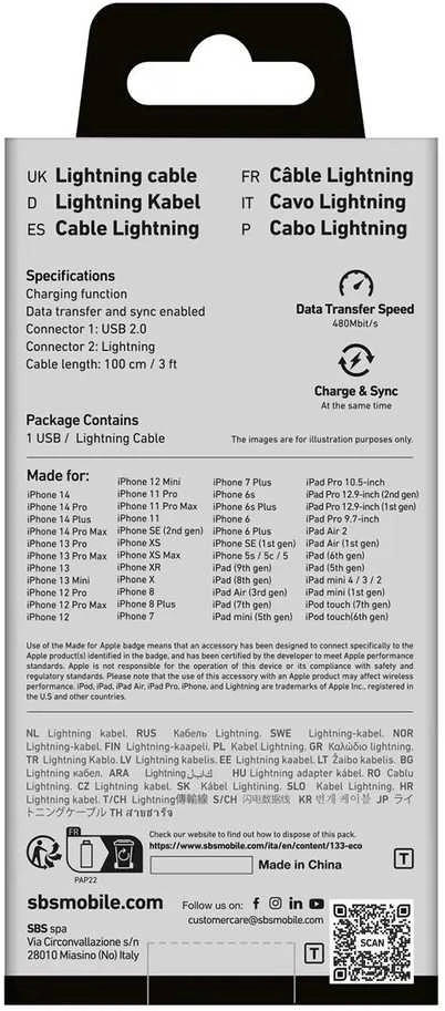 SBS TECABLEUSBIP589W USB-A – Lightning kabelis – baltos spalvos