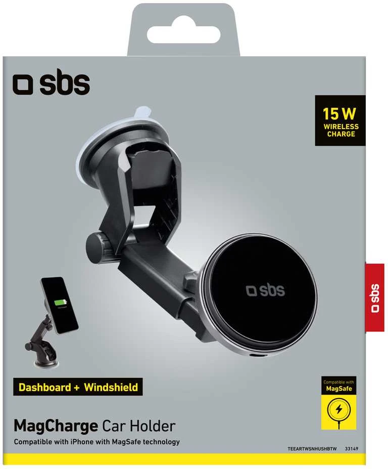 SBS TESUPMAGEXTWIR15W teleskopinis išmanusis telefono laikiklis su belaidžiu įkrovikliu, suderinamas su „MagSafe“, skirtas priekiniam stiklui ir prietaisų skydeliui – Juodas