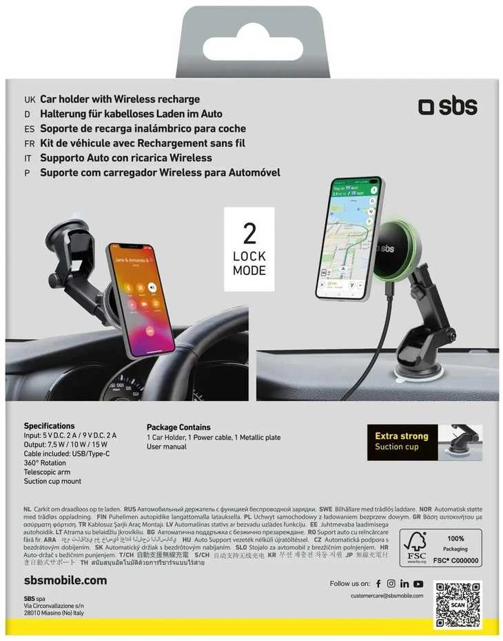 SBS TESUPMAGEXTWIR15W teleskopinis išmanusis telefono laikiklis su belaidžiu įkrovikliu, suderinamas su „MagSafe“, skirtas priekiniam stiklui ir prietaisų skydeliui – Juodas