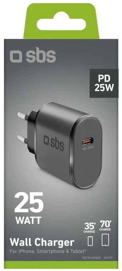 SBS TETR1CPD25 25W USB-C laidinis įkroviklis su Power Delivery – juodos spalvos
