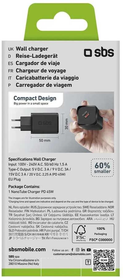 SBS TETRGAN1C45W 45W GaN USB-C laidinis įkroviklis su Power Delivery – juodos spalvos