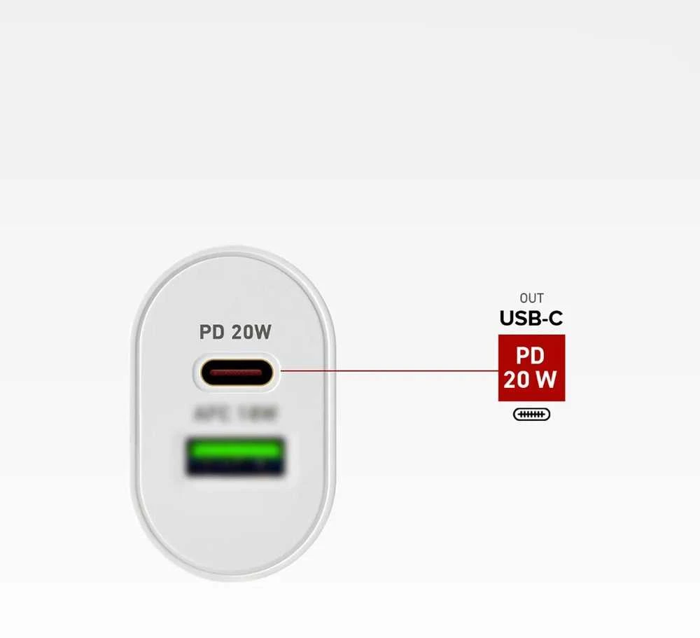 SBS TETRPD20W 20W USB-A USB-C sieninis įkroviklis su maitinimo tiekimu – baltas