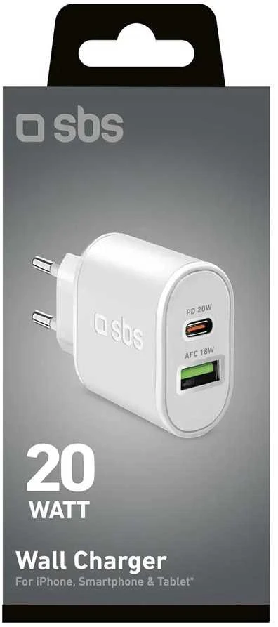 SBS TETRPD20W 20W USB-A USB-C sieninis įkroviklis su maitinimo tiekimu – baltas