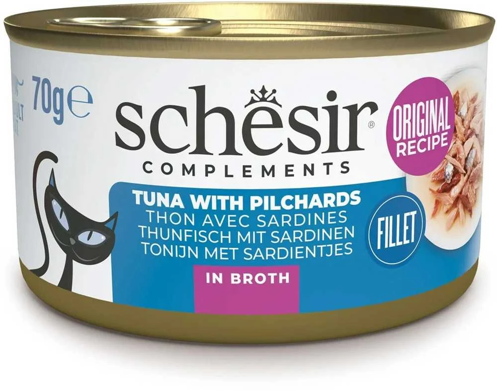 SCHESIR virimo sultinyje Tunas su sardinėmis - šlapias kačių maistas - 70 g