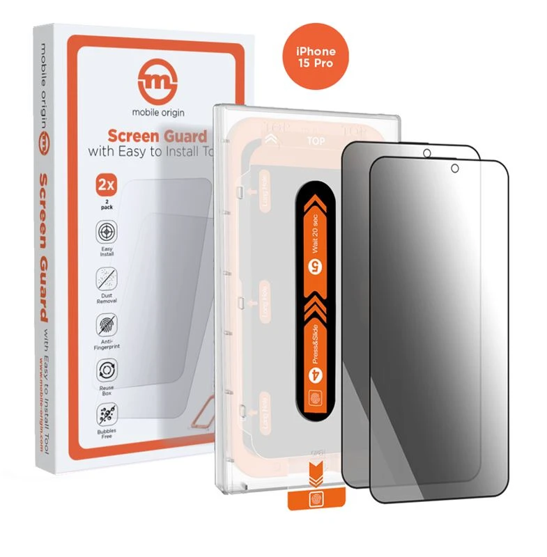 Apsauginis stiklas Mobile Origin Privacy Screen Guard iPhone 15 Pro su lengvai užsegamu aplikatoriumi, 2 vnt. pakuotėje