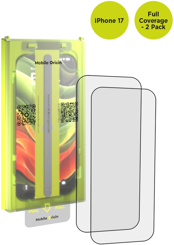 „Mobile Origin“ ekrano apsaugos su lengvai apklijuojamu dangteliu, visiškai padengiančios, 2 vnt. pakuotėje – „iPhone 17“