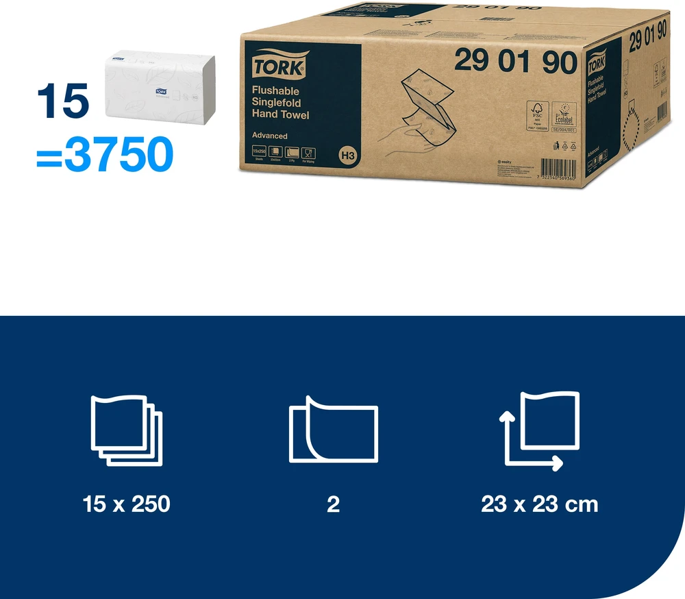 Servetėlės Tork Flushable Singlefold Advanced H3 (290190), 2 sluoksniai, baltos spalvos, 250 lapelių