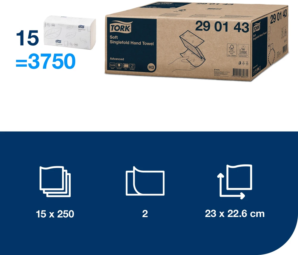 Servetėlės Tork Singlefold Advanced H3 (290143), 2 sluoksniai, baltos spalvos, 250 lapelių
