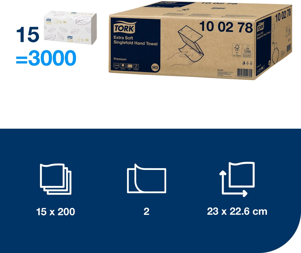 Servetėlės Tork Singlefold Soft Premium H3 (100278), 2 sluoksniai, baltos spalvos, 200 lapelių