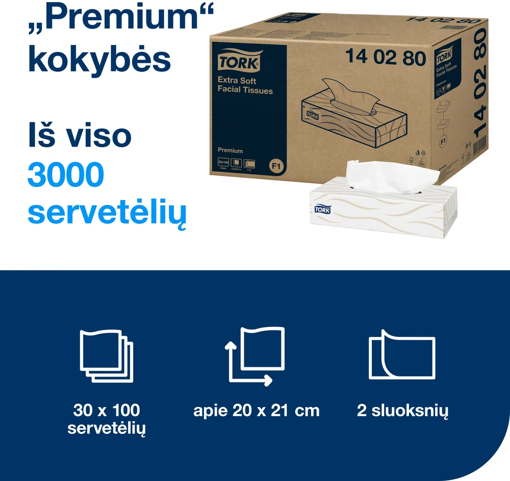 Servetėlės veidui Tork Premium Facial F1 (140280), 2 sluoksniai, baltos spalvos, 100 vnt, dėžutėje