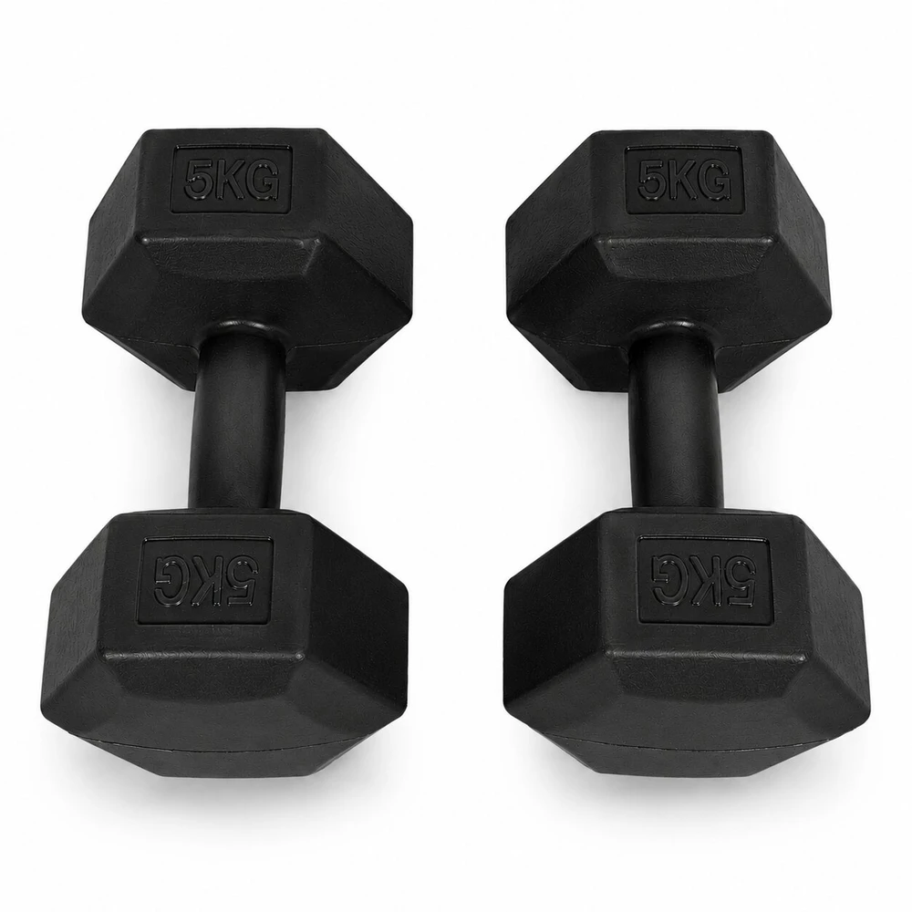 Šešiakampių juodų hantelių rinkinys 2x5 kg MOVEPRO