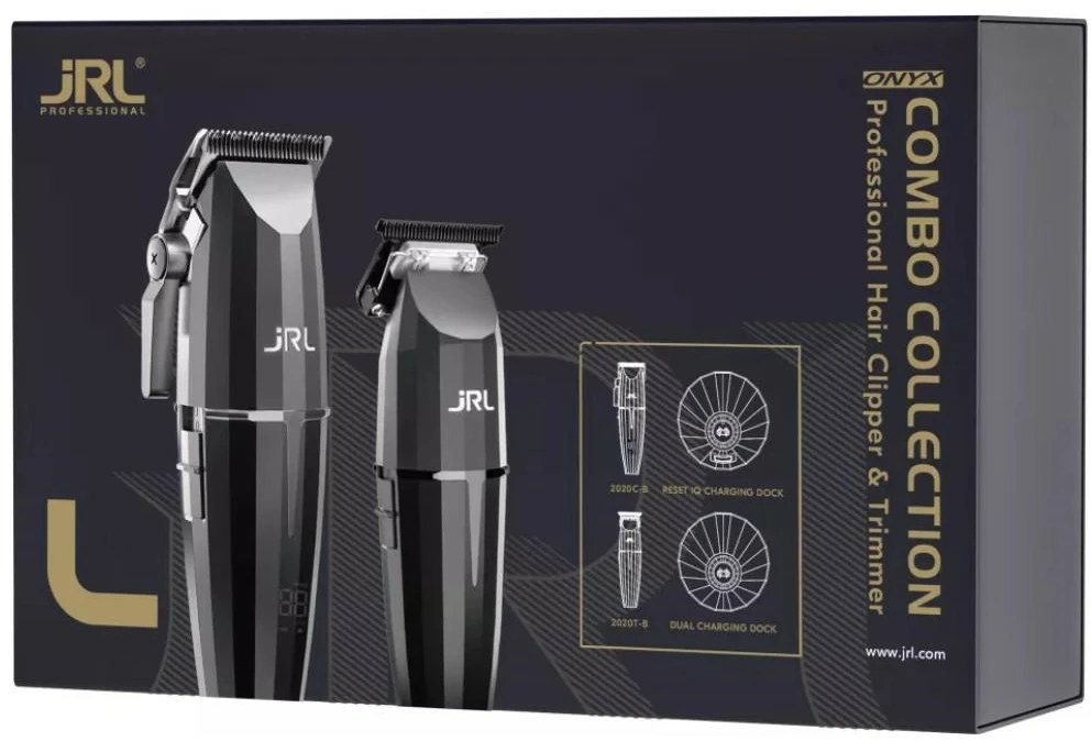 Čia yra vertimas: **Setas 2-in-1 JRL Onyx Clipper + Onyx Trimmer su dviem įkrovimo stotelėmis, juodos spalvos**