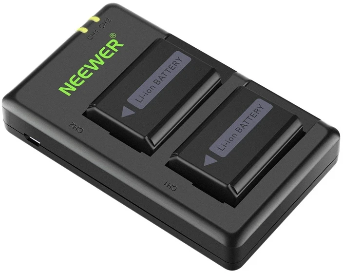 2 Sony pakaitinių baterijų rinkinys ir NEEWER NP-FW50 įkroviklis