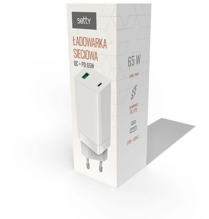 Setty GAN sieninis įkroviklis PD+QC USB + USB-C 65W LSI-02 baltas JO