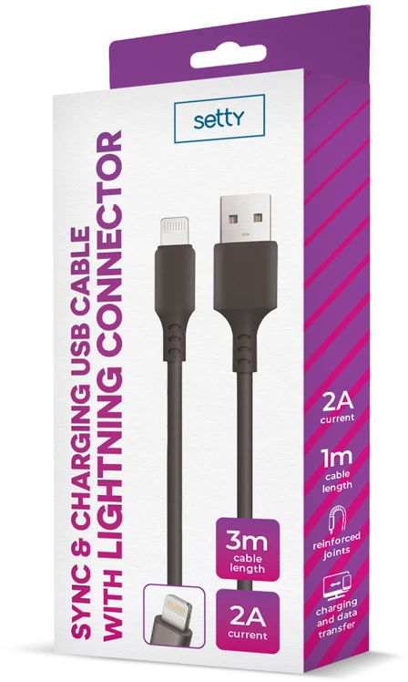 Setty kabelis USB – Lightning 3,0 m 2A juodas NAUJAS
