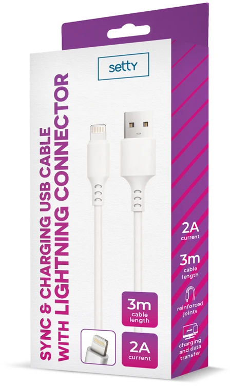 TelForceone "Setty" kabelis USB - "Lightning" 3,0 m 2A baltas NAUJIENA