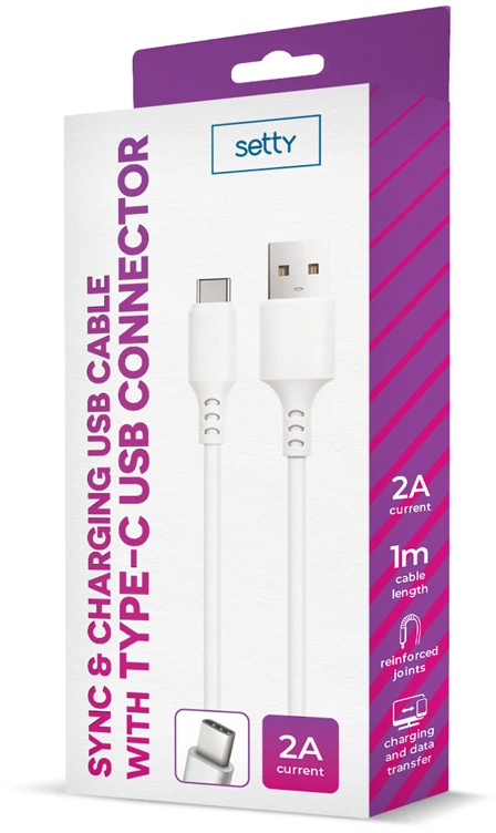 Setty laidas USB – USB-C 1,0 m 2A baltas NAUJAS