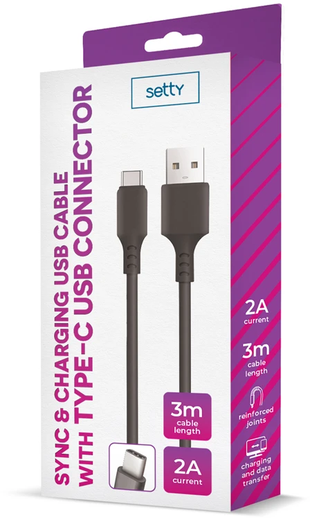 Setty laidas USB – USB-C 3,0 m 2A juodas NAUJAS