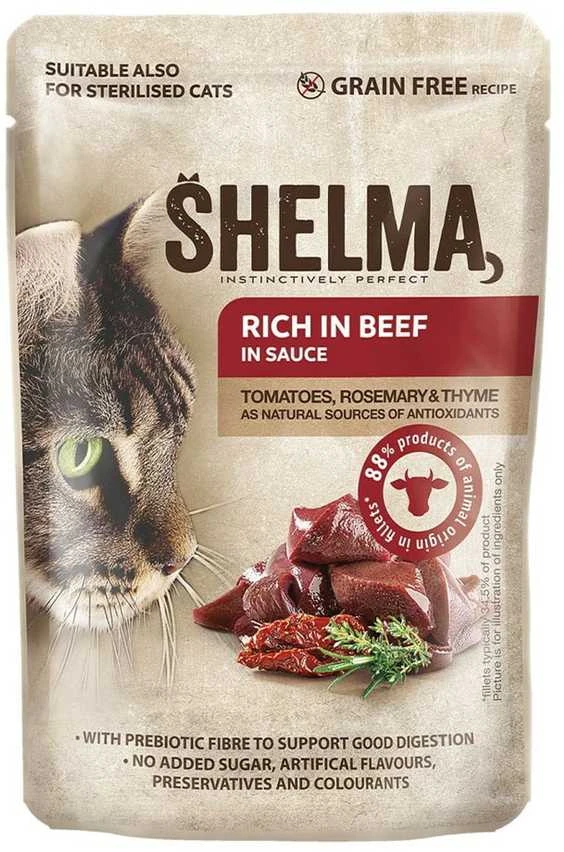 SHELMA Rich in lašiša, cod, jautiena and vištiena – šlapias kačių maistas – 4x85g