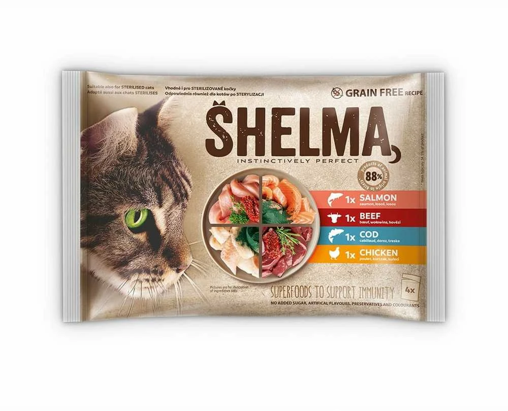 SHELMA Rich in lašiša, cod, jautiena and vištiena – šlapias kačių maistas – 4x85g