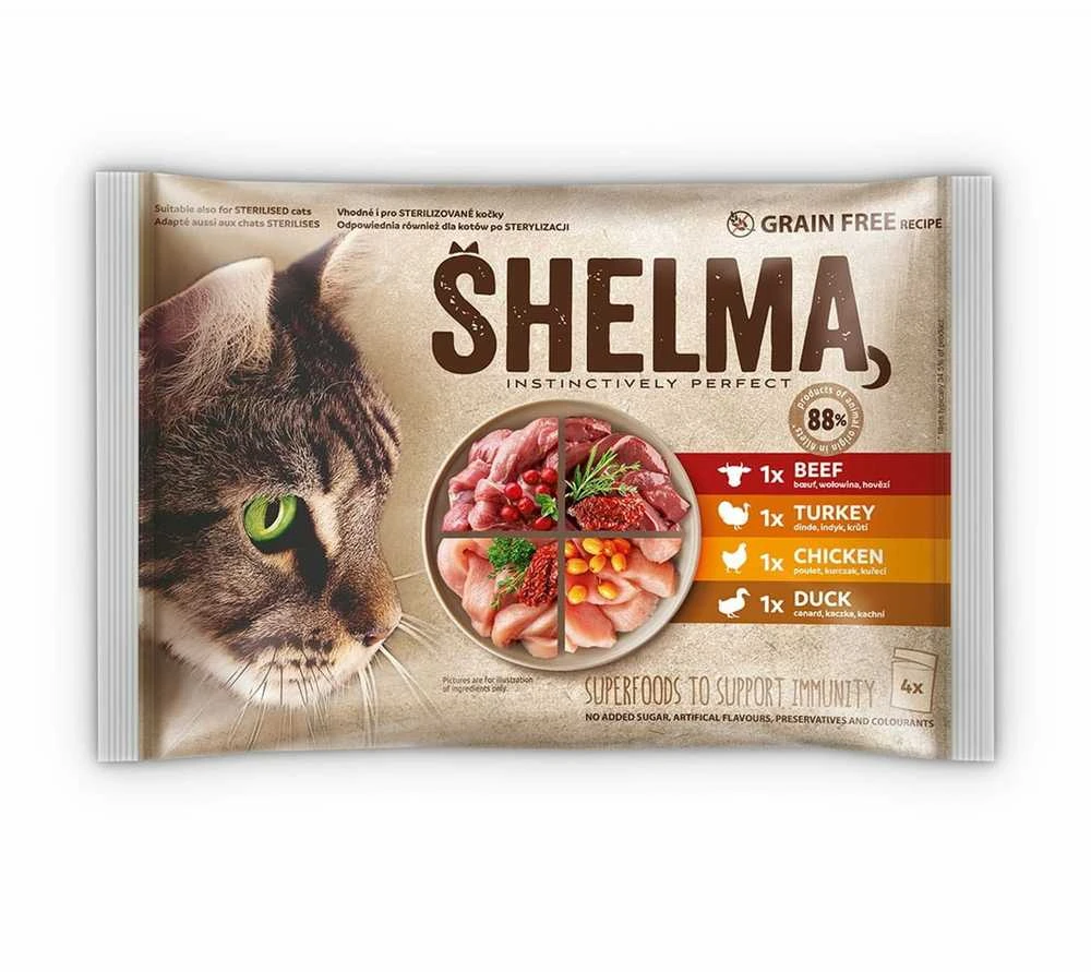 Kačių Maistas - SHELMA Drėgnas Kačių Maistas 340g Vištiena, Kalakutiena, Jautiena, Antiena