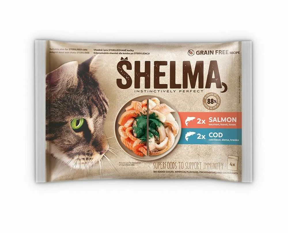 Kačių Maistas - SHELMA Lašiša ir Menkė padaže Drėgnas Kačių Maistas 4x85g