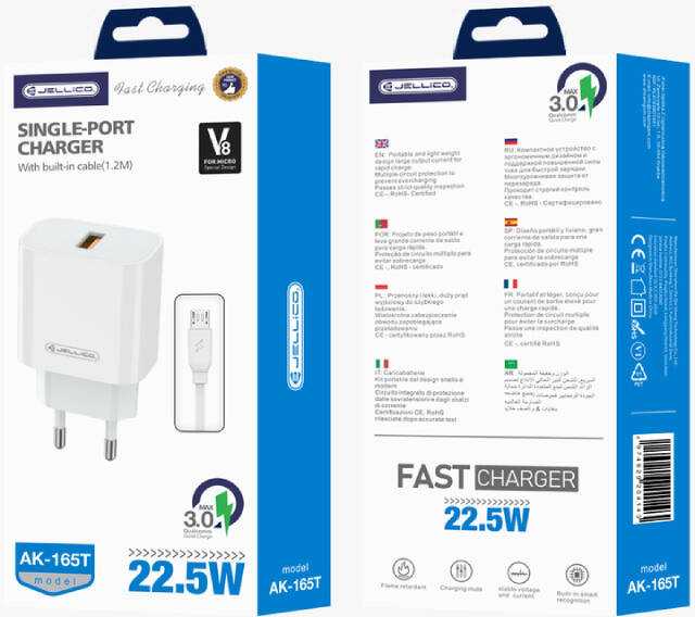 Sieninis įkroviklis 22,5W QC3.0 USB Jellico AK165 baltos spalvos