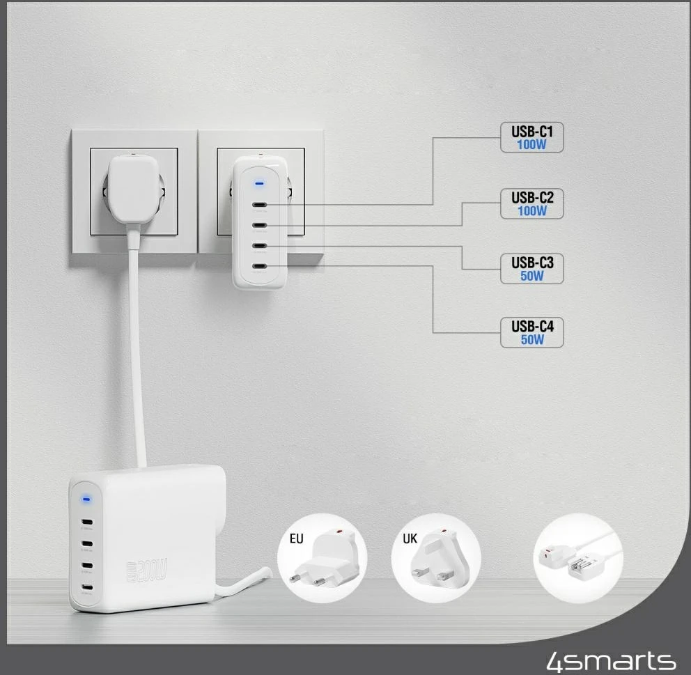 Sieninis įkroviklis 4smarts GaN Flex Pro Travel 200W 4 USB-C baltas