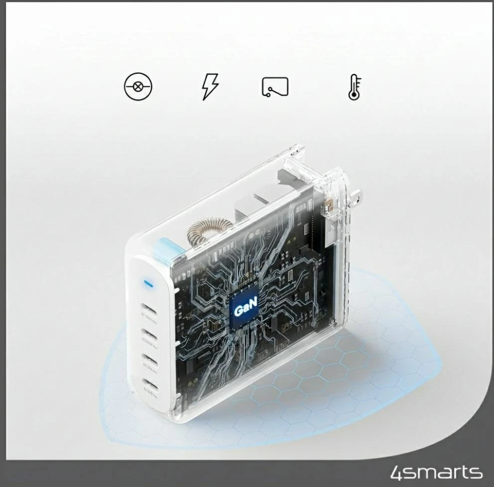 Sieninis įkroviklis 4smarts GaN Flex Pro Travel 200W 4 USB-C baltas