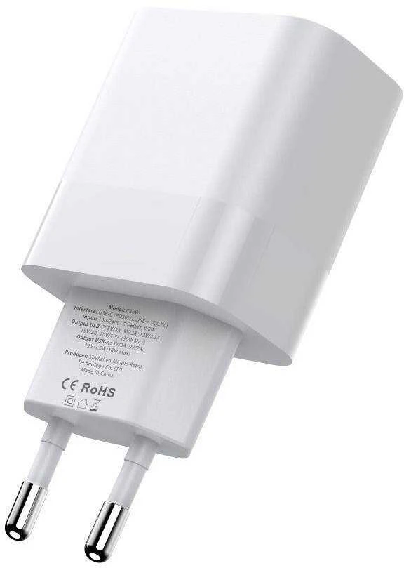 Sieninis įkroviklis PD 20W 2x USB-C Tech-Protect C20W baltos spalvos