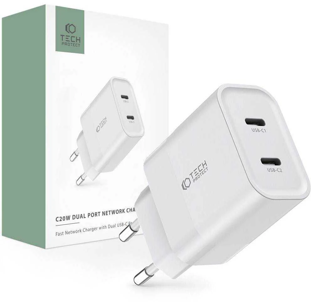 Sieninis įkroviklis PD 20W 2x USB-C Tech-Protect C20W baltos spalvos