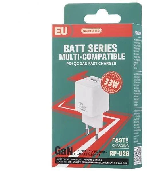 REMAX SIENINIS ĮKROVIKLIS BATT SERIES PD QC 33W RP-U26 1xUSB + 1xUSB-C Baltas