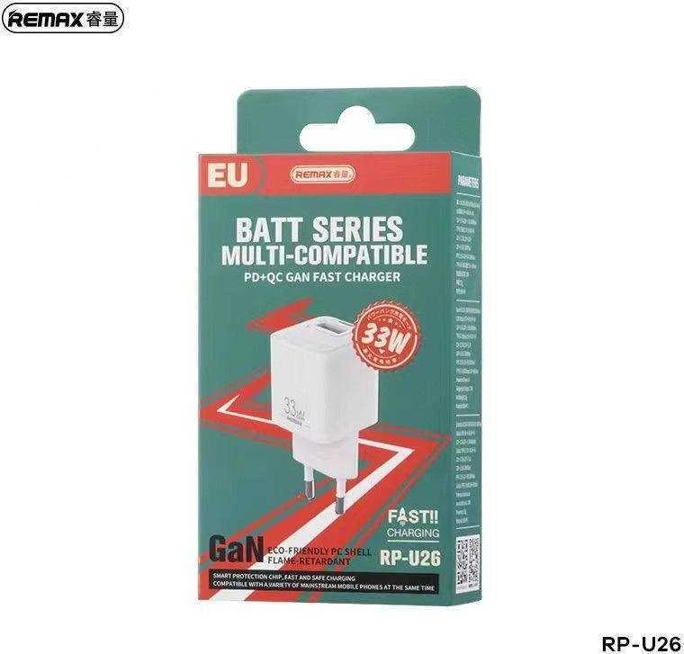 REMAX SIENINIS ĮKROVIKLIS BATT SERIES PD QC 33W RP-U26 1xUSB + 1xUSB-C Baltas