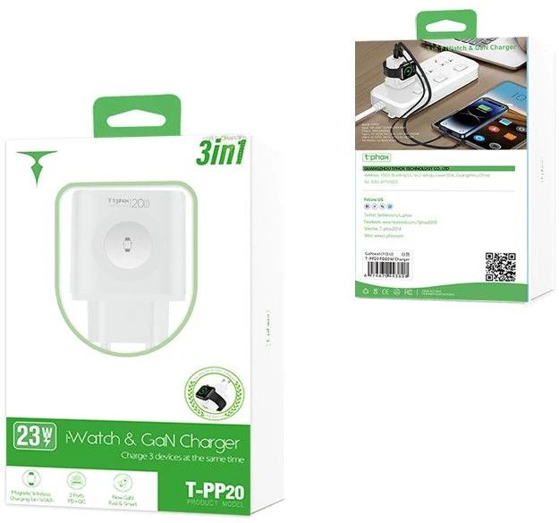 SIENINIS ĮKROVIKLIS T-PHOX T-PP20 GAN iWATCH 3IN1 Baltas