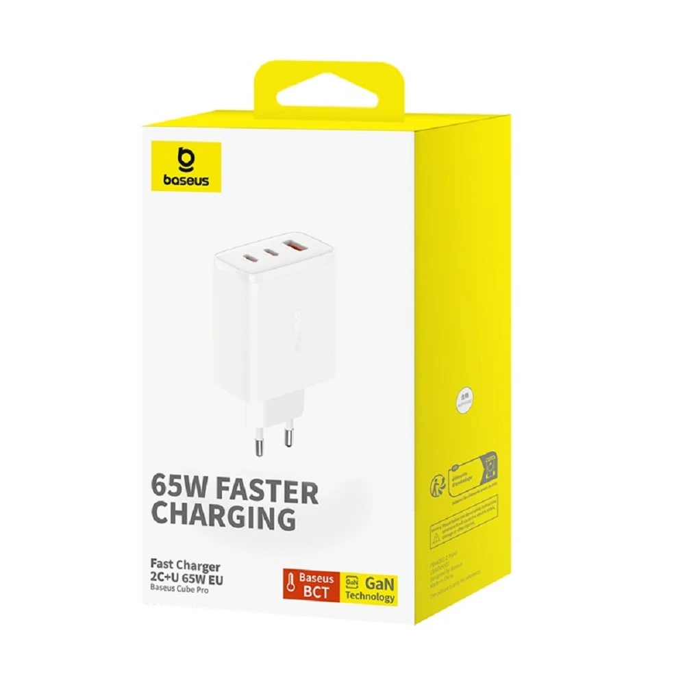 Sieninis įkroviklis Baseus OS-Cube Pro 2xUSB-C + USB, 65W (baltas)